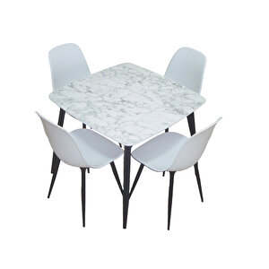 Yemek Masası Mutfak Masası 90x90 Kare Metal Ayaklı Beyaz Masa, 4 Adet Abant Metal Ayaklı Sandalye