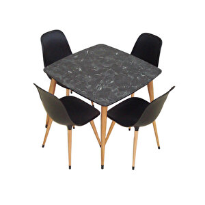 Yemek Masası Mutfak Masası 90x90 Kare  Ahşap Ayaklı Siyah Masa, 4 Adet Abant Ahşap Ayaklı Sandalye
