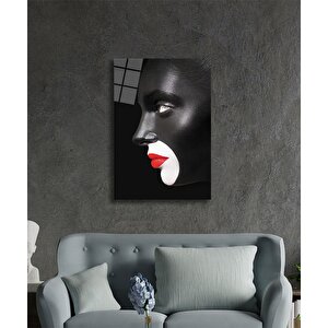 Siyah Yüz Kırmızı Rujlu Kadın Cam Tablo 36x23 cm