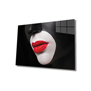 Kadınlar Siyah Yüz Kırmızı Dudak Cam Tablo 90x60 cm