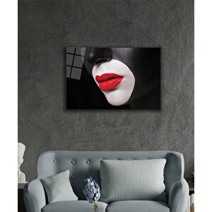 Kadınlar Siyah Yüz Kırmızı Dudak Cam Tablo 50x70 cm
