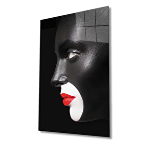 Siyah Yüz Kırmızı Rujlu Kadın Cam Tablo 50x70 cm