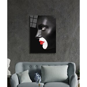 Siyah Yüz Kırmızı Rujlu Kadın Cam Tablo 50x70 cm