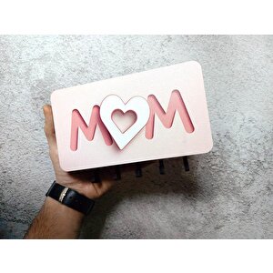 Cajuart Pembe Kalpli Mom Anne Yazılı Bölmeli Anahtarlık Duvar Askılık Dekor