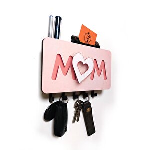 Cajuart Pembe Kalpli Mom Anne Yazılı Bölmeli Anahtarlık Duvar Askılık Dekor