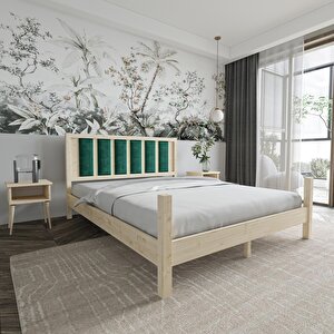 Orion Model Zümrüt Yeşili Puflu Başlıklı Vernikli Çam Ahşap Karyola 200x200 cm