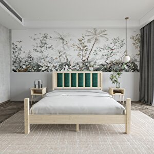 Orion Model Zümrüt Yeşili Puflu Başlıklı Doğal Çam Ahşap Karyola 140x190 cm