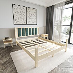 Orion Model Çağla Yeşili Puflu Başlıklı Doğal Çam Ahşap Karyola 90x200 cm