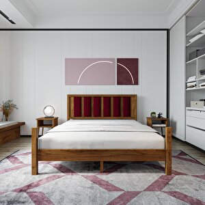 Orion Model Bordo Puflu Başlıklı Ceviz Renk Çam Ahşap Karyola 150x200 cm