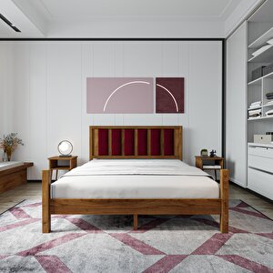 Orion Model Bordo Puflu Başlıklı Ceviz Renk Çam Ahşap Karyola 120x200 cm