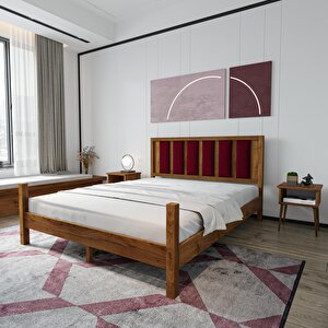 Orion Model Bordo Puflu Başlıklı Ceviz Renk Çam Ahşap Karyola 120x200 cm