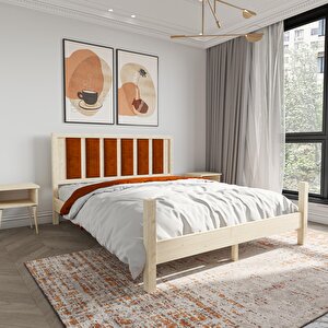 Orion Model Kiremit Renk Puflu Başlıklı Doğal Çam Ahşap Karyola 140x200 cm