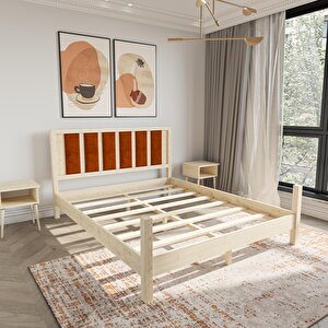 Orion Model Kiremit Renk Puflu Başlıklı Doğal Çam Ahşap Karyola 140x200 cm