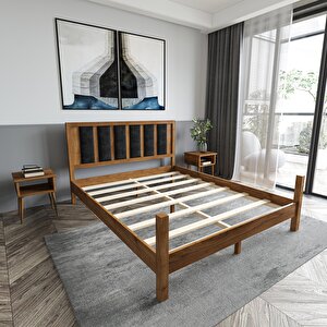 Orion Model Siyah Renk Puflu Başlıklı Ceviz Renk Çam Ahşap Karyola 120x200 cm