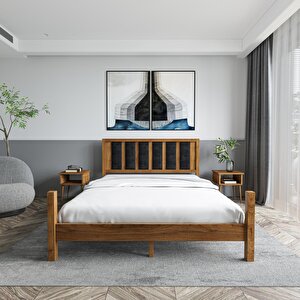 Orion Model Siyah Renk Puflu Başlıklı Ceviz Renk Çam Ahşap Karyola 120x200 cm