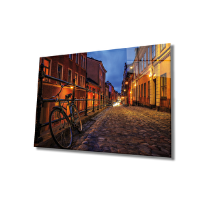 Bisikletli Sokak Cam Tablo Bicycle Street 50x70 cm