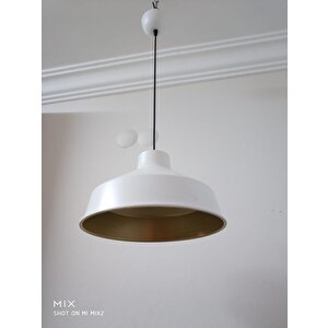Retro Metal Beyaz İçi Gold Dekoratif Tekli Sarkıt Avize Çap: 30 Cm