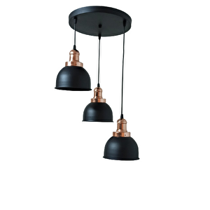 Rys  Retro Metal Siyah Bakır Duylu 3 Lü Dekoratif Sarkıt Avize Çap:30 Cm