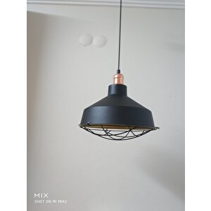 Retro Metal Siyah Dekoratif Bakır Duylu Kafesli Siyah İçi Gold  Kafe Mutfak Avize Çap:30 Cm