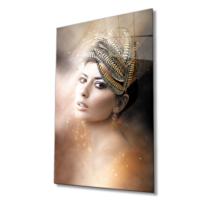 Kuş Tüğünden Saç Yıldızlar İçinde Kadın Cam Tablo 110x70 cm