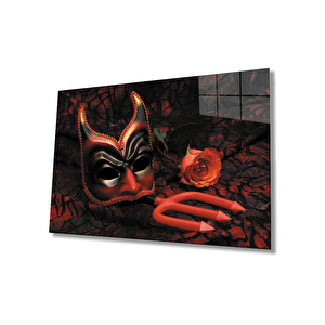 Maske Kırmızı Gül Cam Tablo Mask Red Rose Table 36x23 cm