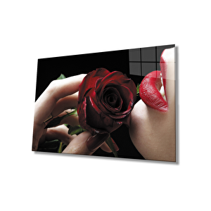 Kırmızı Gül Ve Kadın Cam Tablo Red Rose And Table 90x60 cm