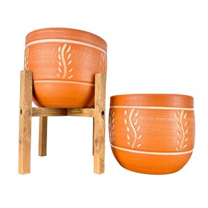 Ev Dekorasyon Nakış Desenli Toprak Saksı Saksılık Salon Çiçeklik İkili Set Ayaksız - 4 Ayaklı- 19 Cm