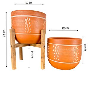 Ev Dekorasyon Nakış Desenli Toprak Saksı Saksılık Salon Çiçeklik İkili Set Ayaksız - 4 Ayaklı- 19 Cm