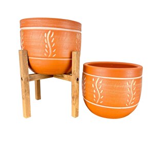 Ev Dekorasyon Nakış Desenli Toprak Saksı Saksılık Salon Çiçeklik İkili Set Ayaksız - 4 Ayaklı- 19 Cm