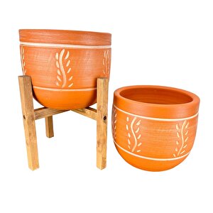 Bitki Tasarımı Ev Dekorasyon Nakış Desenli Toprak Saksı Saksılık Salon Çiçeklik İkili Set Ayaksız - 4 Ayaklı- 19 Cm