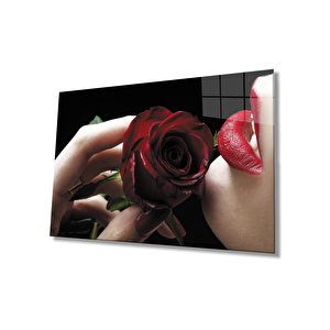 Kırmızı Gül Ve Kadın Cam Tablo Red Rose And Table 36x23 cm