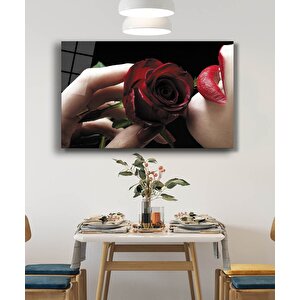 Kırmızı Gül Ve Kadın Cam Tablo Red Rose And Table 36x23 cm