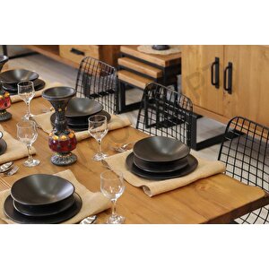 Dalgalı Kenar Tel Sandalyeli Doğal Ahşap Yemek Masası Takımı +6 Sandalye 85x125 cm