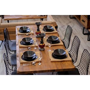 Dalgalı Kenar Tel Sandalyeli Doğal Ahşap Yemek Masası Takımı +6 Sandalye 85x125 cm