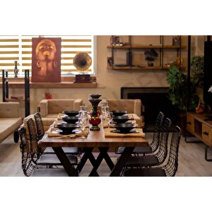 Dalgalı Kenar Tel Sandalyeli Doğal Ahşap Yemek Masası Takımı +8 Sandalye 85x210 cm