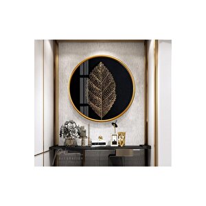 Gold Yaprak Yuvarlak Cam Tablo 50x50 cm