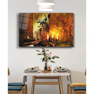 Tavus Kuşu Mum Saat Cam Tablo 50x70 cm