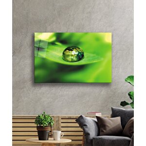 Su Damlası Yeşil Yaprak Cam Tablo 36x23 cm