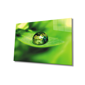 Su Damlası Yeşil Yaprak Cam Tablo 50x70 cm
