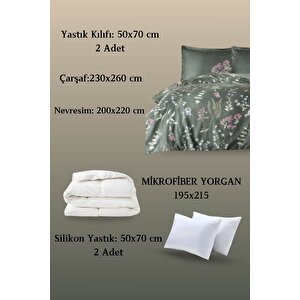 Ruth Saten Çift Kişilik Uyku Seti Yeşil - Nevresim Takımı + Yorgan + Yastık