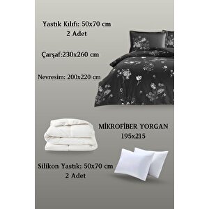 Roxane Saten Siyah Çift Kişilik Uyku Seti - Nevresim Takımı + Yorgan + Yastık