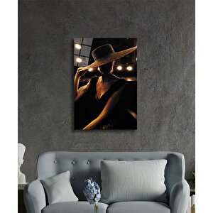 Şapkalı Kadın Cam Tablo 36x23 cm