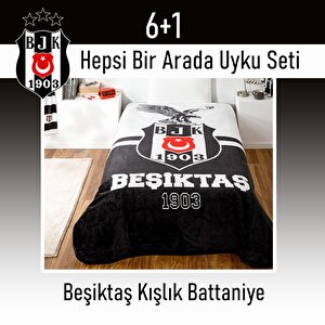 Taç Beşiktaş Lisanslı 6 Parça Uyku Seti Yastık Hediyeli - Tek Kişilik Beşiktaş Uyku Seti