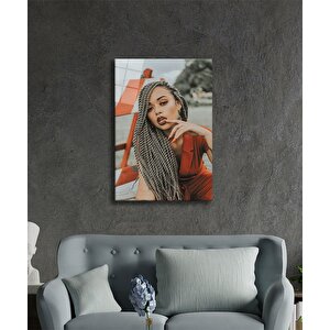 Afro Saçlı Kırmızılı Kadın Cam Tablo 36x23 cm