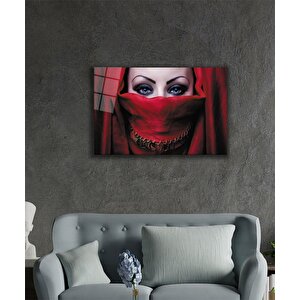 Kadınlar Kırmızı Peçe Cam Tablo 50x70 cm