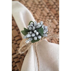 6 Adet Gümüş Tomurcuk Çiçekli Doğal Ahşap Halkalı Peçete Yüzüğü