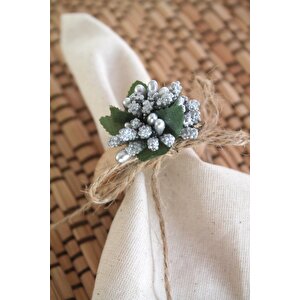 6 Adet Gümüş Tomurcuk Çiçekli Doğal Ahşap Halkalı Peçete Yüzüğü
