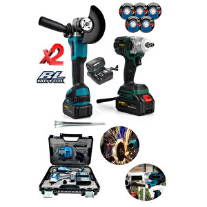 21v 2'li Akülü Somun Sıkma Sökme Taşlama Makinesi X2 Akülü Kömürsüz Motor Çantalı Set