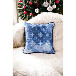 43x43 Yılbaşı Kırlent Kılıfı Mavi Yeni Yıl Noel Kar Temalı Mavi Beyaz Desenli