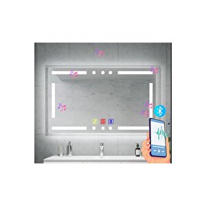 50x70(h) Cm Bluetoothlu Buğu Çözücülü Dokunmatik Işıklı Kumlamalı Banyo Aynası